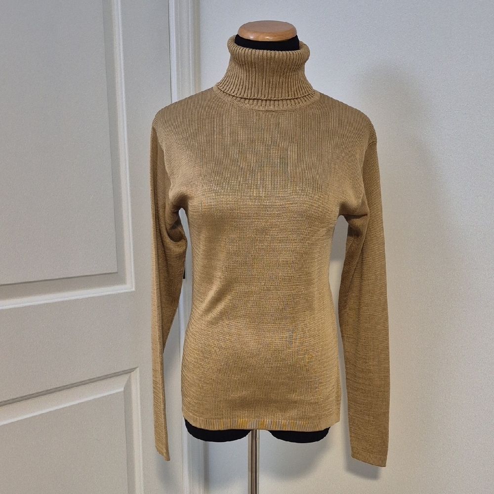 Tan/Gold Silk Turtleneck Sweater with Long Sleeves